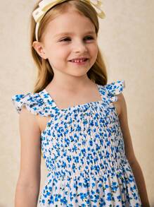 SHEIN Young Girls' Elegant Blue Ditsy Floral Chiffon Dress, Spring/Summer - Blue - View 6