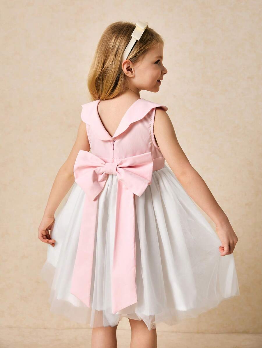 SHEIN Leap Crew Young Girls Elegant Pink Ruffle Collar & Mesh Bow Decor Party Dress, Spring/Summer - Pink - View 1