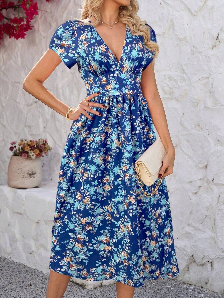 SHEIN Clasi Women's Pink Ditsy Floral Elegant Waist Cinched Cap Sleeve Midi Dress, Vacation,Summer Dresses For Women - Navy Blue - View 1