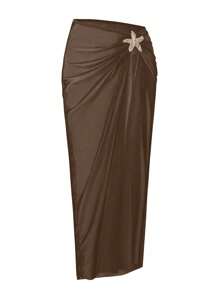 Swim Oasis Beach Summer 2 Pieces Set For Women 2025 New Arrival Solid Color Halter One-Piece Swimsuit And Mesh Cover-Up Skirt, Summer Holiday Casual Swimwear Set - Coffee Brown - View 4