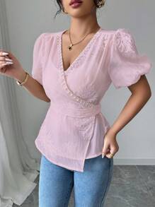 Elenzga Women's Embroidered Regular Vacation Summer Shirt - Pink - View 6