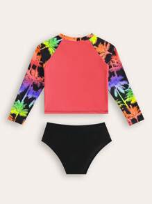 SHEIN New Fashion Young Girl Palm Tree Print Raglan Sleeve Top And Bottom Swimsuit Set - Redwood - View 2