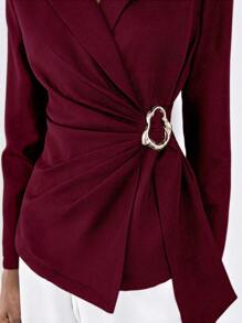 Lumivelle Women's Elegant Red Violet Woven Fabric Blazer: Long Sleeve, Lapel Neckline, And Asymmetrical Hem With Wrap Details Fall Cloth For Women - Red Violet - View 6