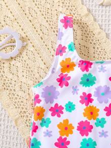 SHEIN Leap Crew Cute Babygirl Floral Pattern Knitted Elastic Romper Swimsuit, Casual - Multicolor - View 4