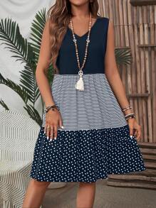 EMERY ROSE Damska sukienka mini bez rękawów w paski w blokach kolorów i kropki, na wakacje, na co dzień
