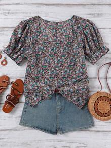 SHEIN LUNE Áo sơ mi tay bồng họa tiết hoa giản dị cỡ lớn - Bụi tím - Xem 1
