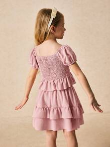 SHEIN Young Girls & Elegant Pink Cable Knit Puff Sleeve Top And A-Line Cake Skirt 2 Pieces Set, Spring & Summer - Pink - View 2