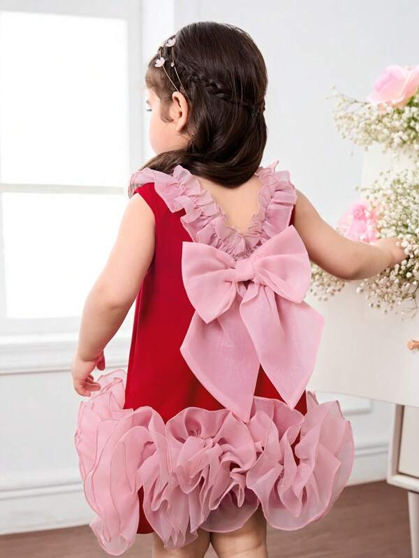 Babygirl Cute & Elegant Summer Red Contrast Color Organza Bow Decor Dress