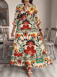 Váy cỡ lớn thanh lịch họa tiết hoa nhiệt đới tối giản giản dị, phù hợp cho mùa thu/đông - Nhiều màu - Xem 3