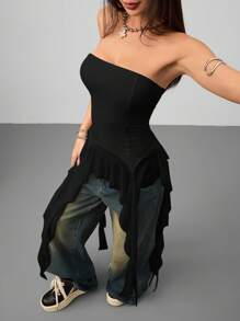 Coolane Top tubo asimétrico de malla con volantes para mujer, estilo Y2K streetwear, de cowgirl, para cita nocturna, concierto, Mardi Gras - Negro - Ver 6