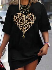SHEIN CURVE+ Áo thun tay ngắn họa tiết da báo và trái tim cỡ lớn cho mùa hè - màu đen - Xem 1