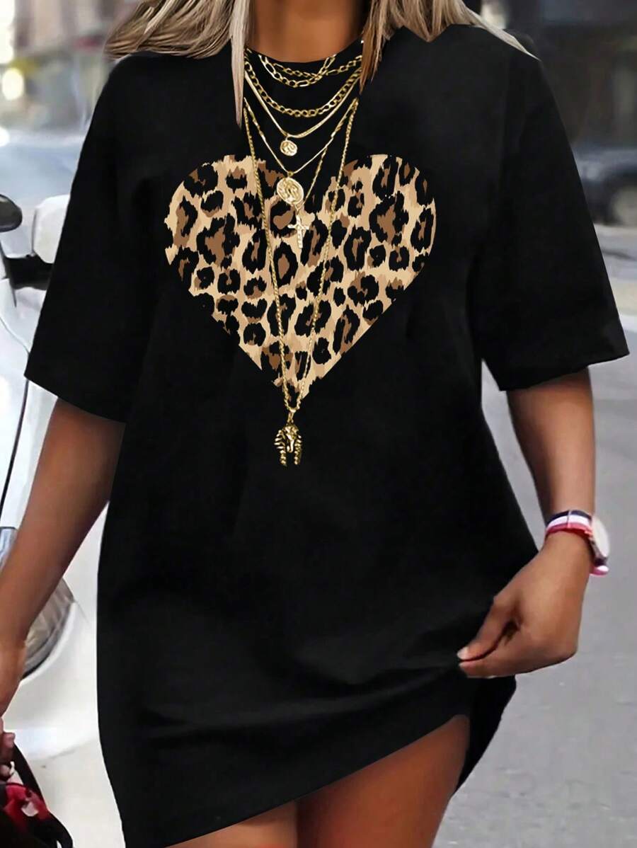 SHEIN CURVE+ Áo thun tay ngắn họa tiết da báo và trái tim cỡ lớn cho mùa hè - màu đen - Xem 1