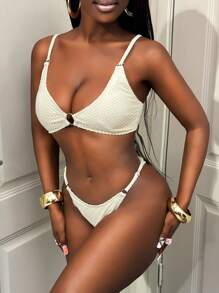 BamGleam Plain Textured Bikini Set With Matching Women's Maxi Dress For Summer Beach Vacation - Apricot - View 4