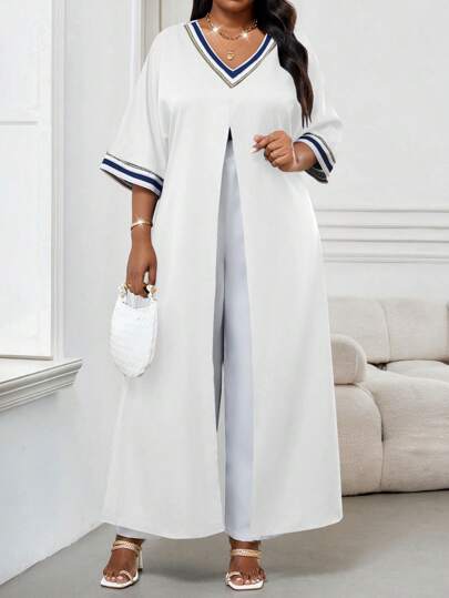 SHEIN Lady فساتين وبذلات النساء مناسبة للمناسبات الخفيفة والصيف الأنيقة مع تصميم محبوك محبوك بلون أزرق داكن شق الأكمام قصيرة لحجم كبير ، نفس نمط الخريف فستان الزفاف ، بذلات سراويل, ملابس الشاطئ وإجازة, ملابس الشاطئ للنساء, ملابس الإجازة للنساء, أطقم أنيقة للنساء للكنيسة, ملابس الربيع للنساء