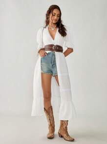 Florisole Women's Summer Contrast Lace Ruffle Hem Puff Sleeve Blouse - White - View 6