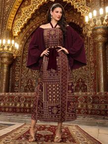 Al Najma Women's Elegant Printed Patchwork Cold Shoulder Halter Flare Sleeve Arabic Style Dress - Burgundy - View 4