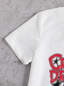 SHEIN 2 pezzi, maglietta a maniche corte con stampa streetwear e pantaloni in maglia con vita con cordoncino e tasche a contrasto, per ragazzi adolescenti - Grigio - Visualizzare 3