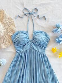 Soleia Vestito estivo boho da donna, vestito da donna con scollo alla coreana, vestito estivo da donna per Pasqua e laurea, abito mini plissettato di colore unito da donna con collo alla halter, abiti estivi da donna