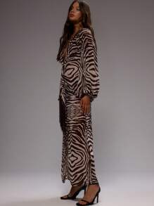 MUSERA Deep V Neck Loose Fit Tassel Detail Zebra Print Elegant Long Sleeved Maxi Dress For Spring Summer Vacation Wedding Guest Ibiza Holiday Festival Fall Wedding Guest Elegant Fall Summer Outfit - Multicolor - View 2