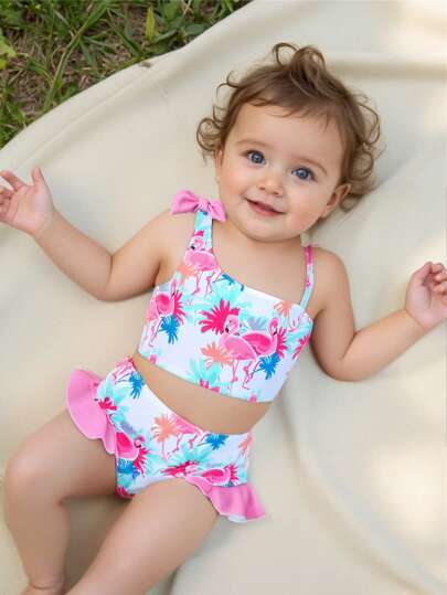 SHEIN Infant/Baby Girl Ruffled One Shoulder Butterfly & Flamingo Printed Top & Ruffle Trim Triangle Printed Bottoms Swimsuit Set Baby Girl Clothes Swimsuit Infant Girl Summer Clothes Summer Sets Baby Girl