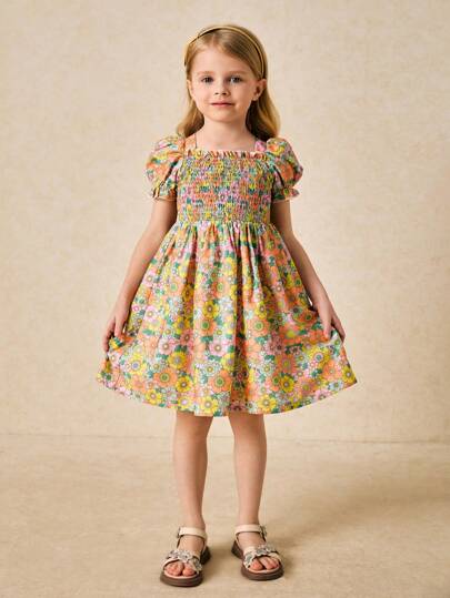 SHEIN Young Girls Elegant Yellow Floral Babydoll Dress, Spring/Summer