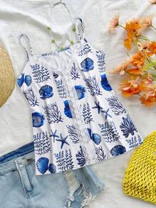 SHEIN LUNE Vacation Leisure Flower Print Splice Lace Camisole Top Graphic Tees Women Tops - Blue - View 1