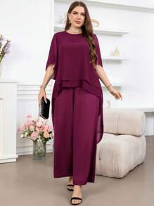 SHEIN Clasi 大码女式纯色高低下摆宽松衬衫和裤子两件套