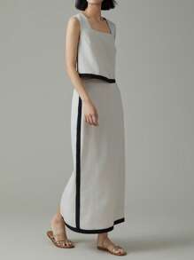 EMERY ROSE 2pcs Women Casual Contrast Color Square Collar Sleeveless Shirt & Mini Skirt Set - Khaki - View 5