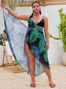 Swim Lushoire Coprispalle da spiaggia in stile kimono da donna taglie forti, con stampa di foglie tropicali e motivo casual, con spalline sottili e schiena scoperta, adatto per vacanze