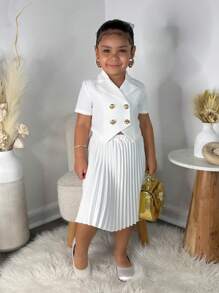 SHEIN Conjunto de look casual de moda para niña - Chaqueta de cárdigan de manga corta de unicolor y falda plisada - Blanco - Ver 3