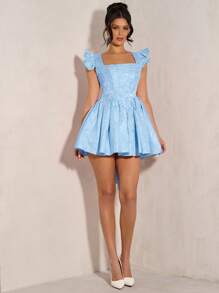 SHEIN BAE Solid Color Square Neck Halter Back Square Neck Pleated Mini Dress Halter Back Dress Pink Women's Bubble Sleeveless Dress Palace Style Holiday Dress Summer Back Big Bow Decoration Ruffle Dress,Summer Dresses For Women - Baby Blue - View 6