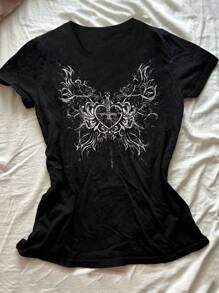 INAWLY Áo thun tay ngắn cổ chữ V in hình trái tim cỡ lớn, phong cách đường phố Y2K cổ điển màu đen - màu đen - Xem 1