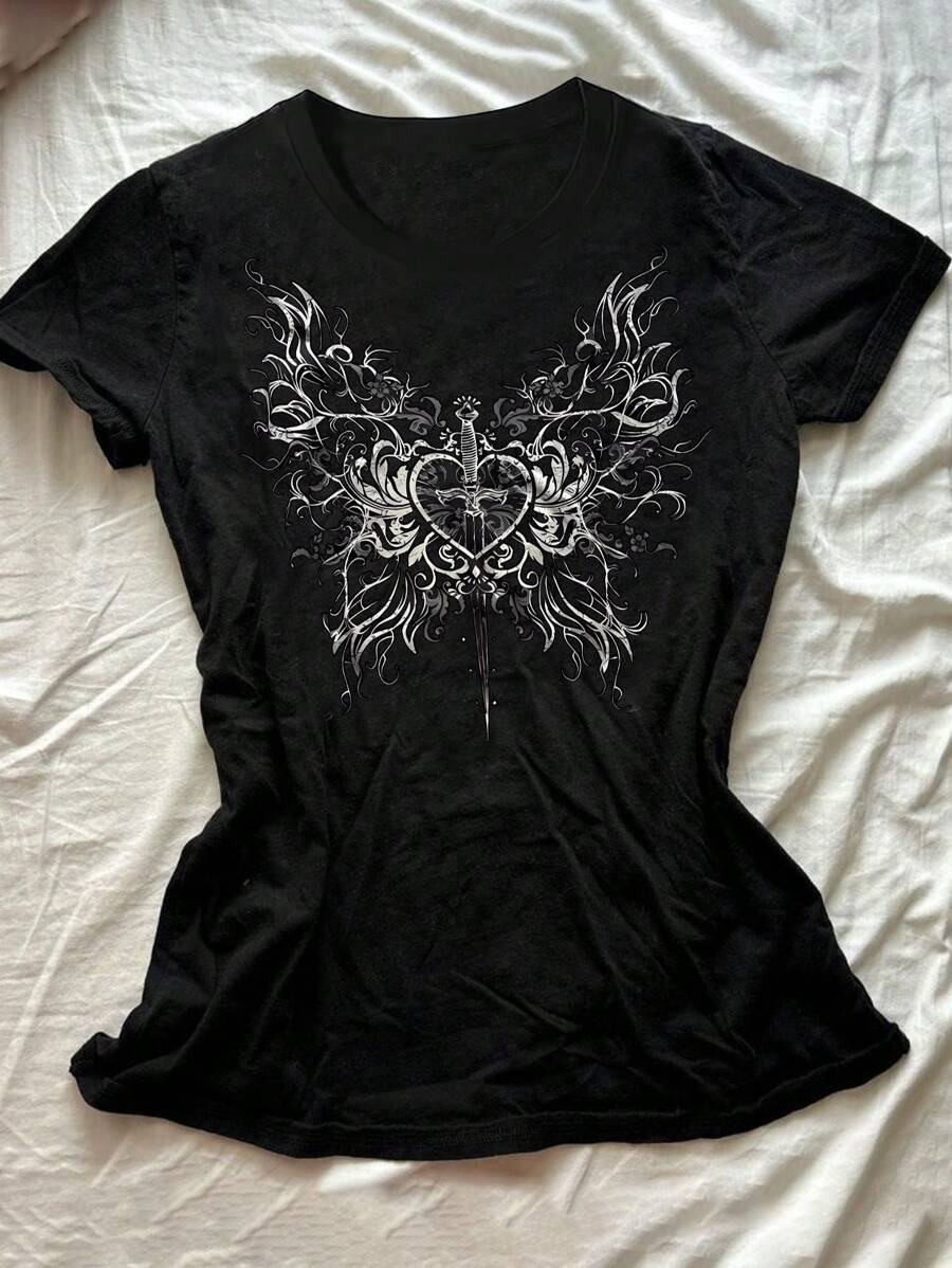 INAWLY Áo thun tay ngắn cổ chữ V in hình trái tim cỡ lớn, phong cách đường phố Y2K cổ điển màu đen - màu đen - Xem 1