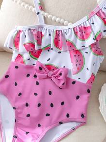 Young Girl' One-Piece Swimsuit New Arrivals, Cute Asymmetric Watermelon Print Color Blocking With Flutter Sleeve And Bow Accent, Suitable For 4-7 Years Old Girls To Wear On Beach Vacation Or Swimming Pool Toddler Girl Clothes Set Toddler Girls Outfit Sets Toddler Girl 5t - Multicolor - View 7