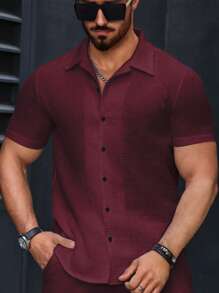 Manfinity Homme 男士纯色短袖单排扣休闲办公衬衫 - 乾枯玫瑰色 - 查看 5