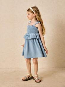 SHEIN Vestido elegante azul con volantes y tirantes para niña, primavera/verano - Azul - Ver 7