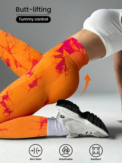 SHEIN Core Rhythm Sömlösa, högstretchiga, tie-dye-tryckta, tighta yogaleggings för kvinnor