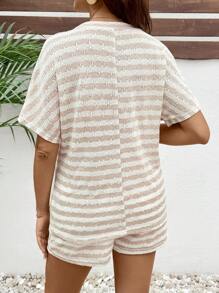 SHEIN 2pcs Maternity Striped Round Neck Short Sleeve Top And Adjustable Waist Shorts Set, Casual