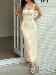 SHEIN Unity Vestido largo ajustado de tirantes de espagueti con lentejuelas de unicolor para mujer - Albaricoque - Ver 5