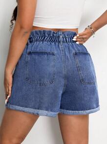 SHEIN EZwear Plus Size Women Ruffle Hem Pocket Loose Wide Leg Casual Denim Shorts