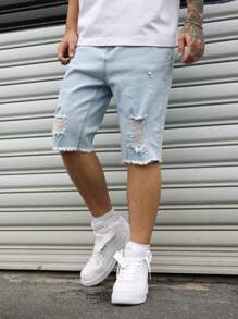 Manfinity Homme Plus Size Men's Pocketed Distressed Raw Hem Casual Versatile Denim Shorts - Light Wash - View 3