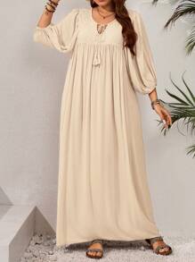 EMERY ROSE Plus Size Solid Color Long Sleeve Dress, Fashion For Summer - Apricot - View 3