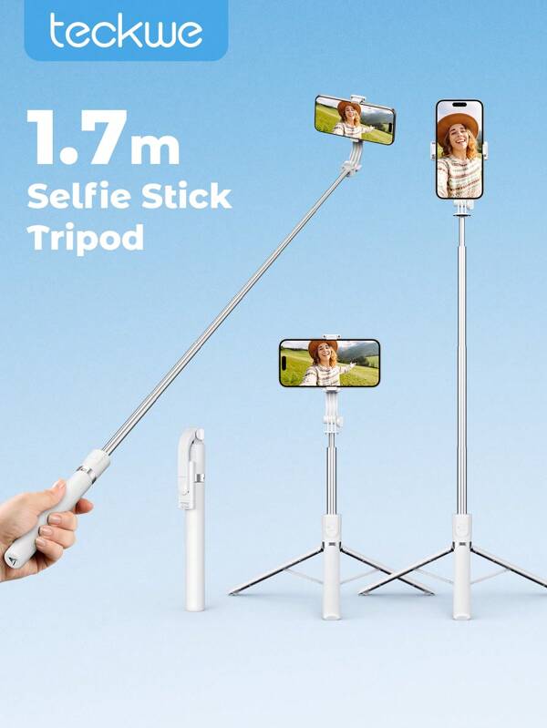 Teckwe Tragbares, ausziehbares Selfie-Stick-Stativ mit kabelloser Fernbedienung für unterwegs, Vlogging, Live-Streaming von Videos und Fotos, Handyhalter, kompatibel mit iPhone und Android