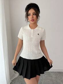 Elenzga Short Sleeve Embroidered Cable Knit Ladies Sweater - White - View 3