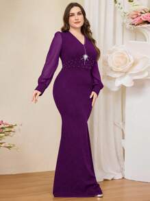 SHEIN Belle Plus Size Elegant Mixed Fabric Patchwork Rhinestone Decor Waist Fitted Midi Dress, Formal, Party Dress, Gown, For Evening, Wedding Guest - Purple - View 4