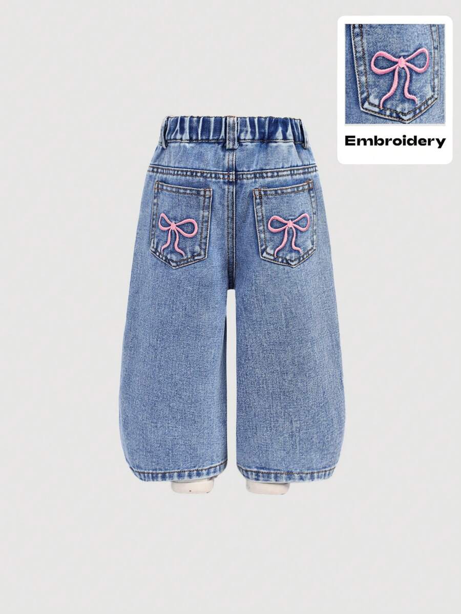 SHEIN 女婴夏季时尚蝴蝶结装饰牛仔布 - 深色水洗藍 - 查看 1