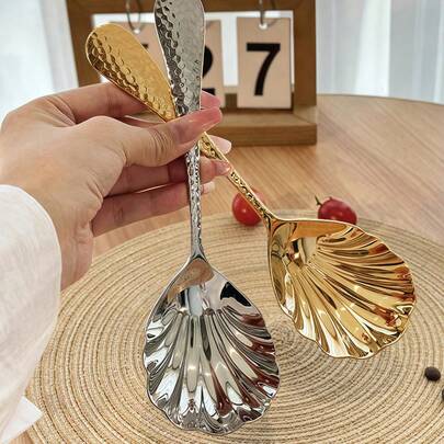 1pc/2pcs Gold Silver Serving Spoons, 18/10 Stainless Steel Thickened Scoops, Mixing Spoons, Rice Spoons, Soup Spoons, Home & Public Use Serving Ladles