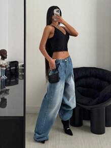 EURMUSE 100% Cotton HIGH WAIST WIDE LEG VINTAGE  JEAN Low Rise Jeans - Light Wash - View 6