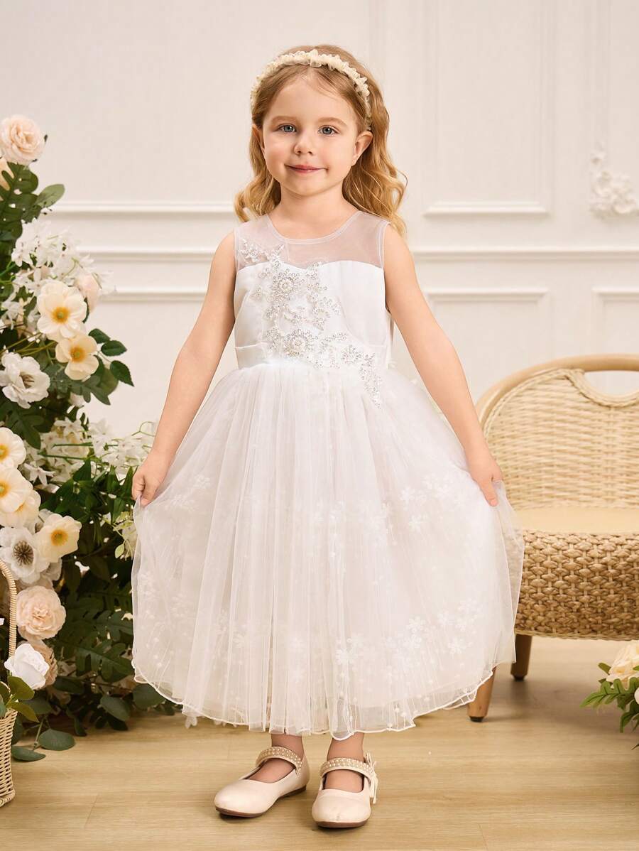 SHEIN Glamorique Kids Vestido de Dama de Honra para Meninas Festa de Aniversário Casamento Formal - Vestido de Princesa Cetim Branco e Tule Transparente com Decoração Floral 3D, Adequado para Eventos Formais, Palco, Recital de Piano, Festa, Sessão de Fotos - Estilo de Verão, Europeu