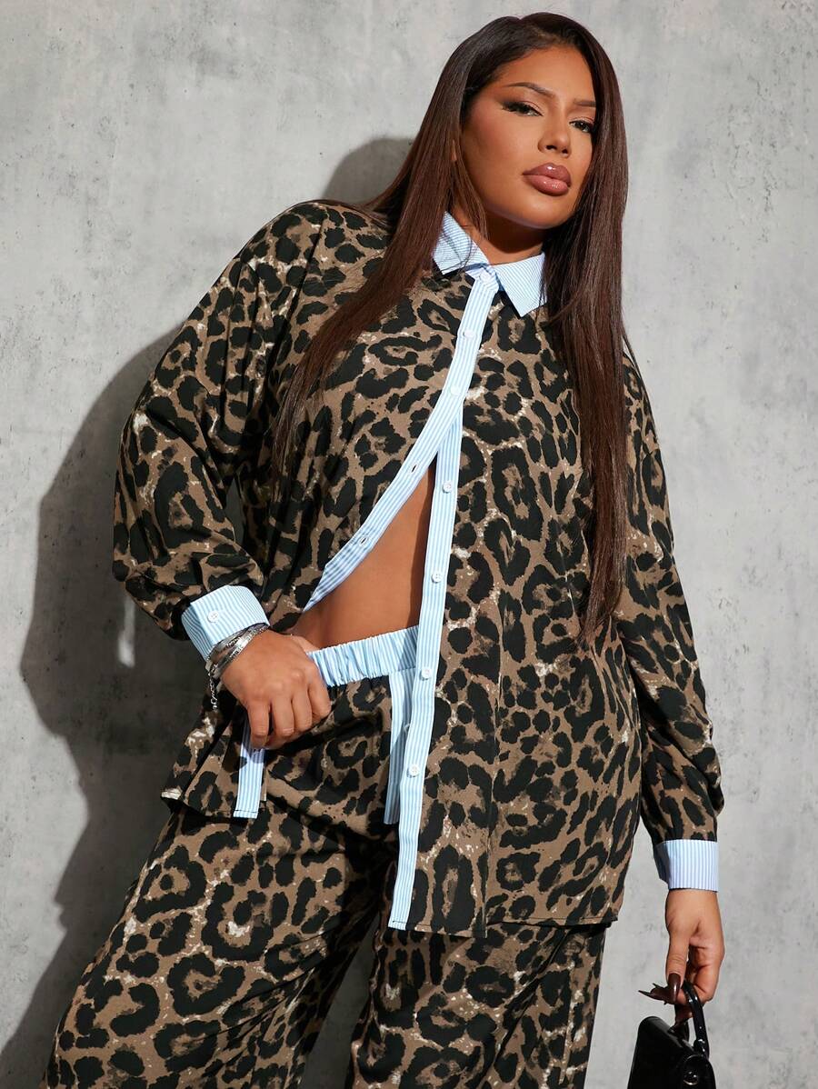 SHEIN SXY 2pcs Plus Size Leopard Print Shirt And Pants Set, Fashionable For Autumn Semi Formal Office Teacher Brown Casual - Multicolor - View 1